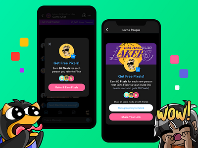 Flick - Refer a Friend app app design clean community dark mode emotes friend group group chat invitation pixels product design referral social sports ui ui design user interface ux ux design