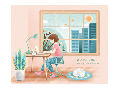 Work Home art cat character design digital girl home illustration work