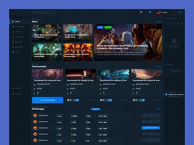 Tournament Esport website (UI, Front page) button dark blue dark ui dashboard dota esport esports game design gaming gaming website list news news feed tournaments ui ui ux