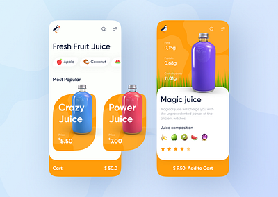 Fresh Fruit Juice Shop App Design 2020 trend app clean colorful ecommerce fruit juice magic orange product product card product design puffin shop