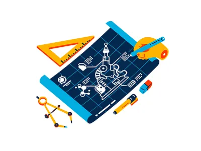 Science blueprint blueprint compass death ray design eraser hand icon illustration isometric pen schematic science square thierry fousse