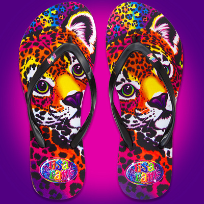 Lisa Frank Flip Flop 80s 90s character colorful design fashion footwear footwear design leopard leopard print product product design rainbow retro shoe design throwback