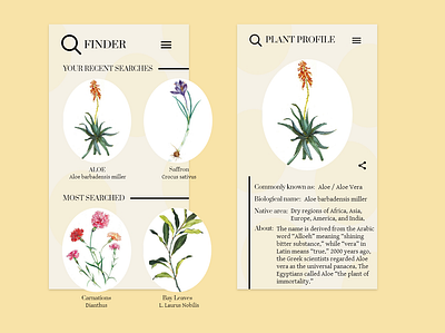 Finder | Plant search and info design biology calm design greenery illustrations mobile app design plants tan