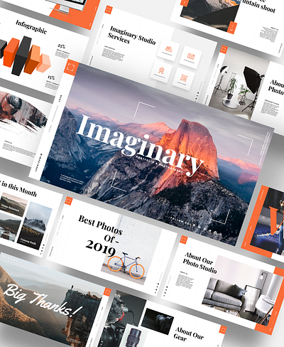 IMAGINARY - Portfolio & Photography Powerpoint Template abstract background business camera creative digital equipment film focus leaflet lens photo photo studio photograph photographer photography portfolio professional report slide
