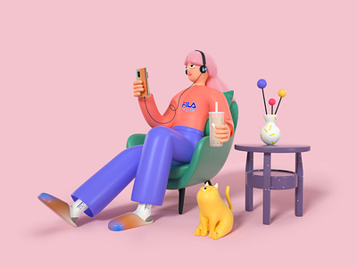 Playing is tired c4d cat chair character cinema 4d design flip flop glasses headset illustration milk tea octane phone sofa table vase