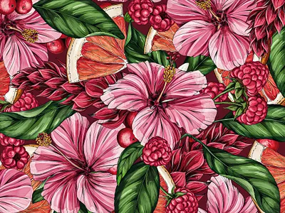 Tropical Hibiscus Berry Pattern botanical botanical illustration branding drawing flavors floral flowers illustration nature packaging pattern surface design tropical