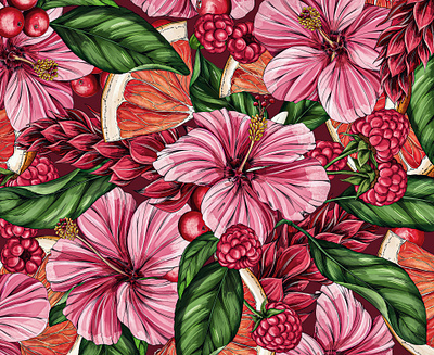 Tropical Hibiscus Berry Pattern botanical botanical illustration branding drawing flavors floral flowers illustration nature packaging pattern surface design tropical