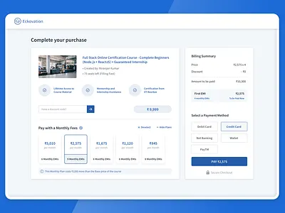 Course Payment Page blue cards ui checkout flow checkout page design emi plans payments typography ux web web design