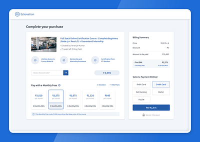 Course Payment Page blue cards ui checkout flow checkout page design emi plans payments typography ux web web design