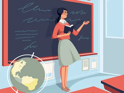 Teacher illustration adobe illustrator blackboard chalkboard classroom geography girl character globe illustration lesson school teacher vector vector illustration vectorart