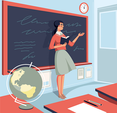 Teacher illustration adobe illustrator blackboard chalkboard classroom geography girl character globe illustration lesson school teacher vector vector illustration vectorart