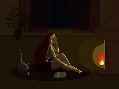 Tranquility art artwork cat fire fireplace girl illustration peace quiet rest vector woman