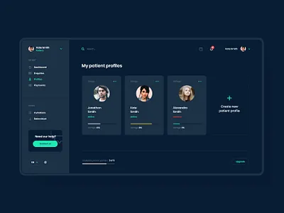 #1 - 2 MedicalApp - Dark mode app application clean dark dashboard design doctor flat list medical medicine night panel patient profile ui user ux web
