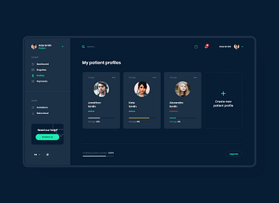 #1 - 2 MedicalApp - Dark mode app application clean dark dashboard design doctor flat list medical medicine night panel patient profile ui user ux web