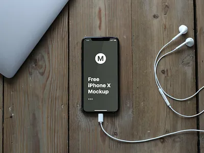 FREE iPhone X On Old Table Mockup headphones iphone iphonex macbook macbookpro mockup old psd table