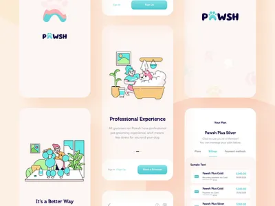 Pawsh // Mobile App All Screens app application blacklead colorful design digital product grooming illustraion interface mobile pet startup ui