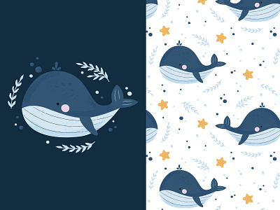 Seamless pattern with cute whales, kids print children