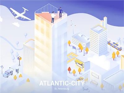 Business center in Saint Petersburg — Atlantic City arhitecture atlantic city autumn branding business center city cover dashboard cover dribbble gulf of finland gulf of finland illustration isometry metro office people saint petersburg season skyscraper st. petersburg transport