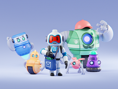 AJ & The Automations 3d 3d art 3d modeling automation automations b3d blender bots branding branding concept branding design characters group illustration render robots squad team