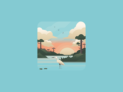Everglade bird birds brand branding cloud flat gradient heron identity illustration nature outside simple sky sun tree
