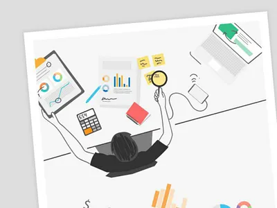 Illustration for Sharekhan finance fintech graphic design illustration laptop paperwork person research trading ui ux