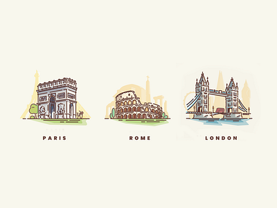 Cities West Europe arc de triomphe cities colosseum eiffel tower icon illustration landmarks linework london london bridge london eye london underground louvre paris parisian rome ruins skyline vector