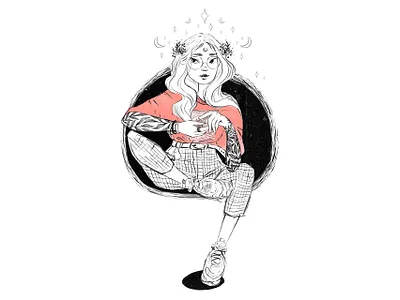 Moon girl black and white character design drawing girl illustration minimalist moon simple