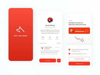 Dog Walker App app flat logo minimal profile progressbar red review ui uidesign ux