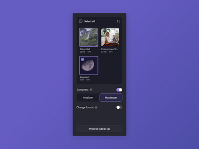Video Compression & Conversion Widget clipchamp compress compression compressor conversion convert converter design format product design states switch tabs thumbnails tool ui ux video video editing widget