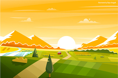 mountain landscape flatdesign green illustration landscape mountain random sun yellow