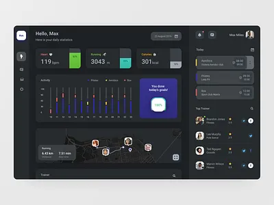 Fitness app dark app chart dashboard fitness graph interface map statistics ui ux