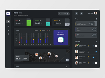 Fitness app dark app chart dashboard fitness graph interface map statistics ui ux