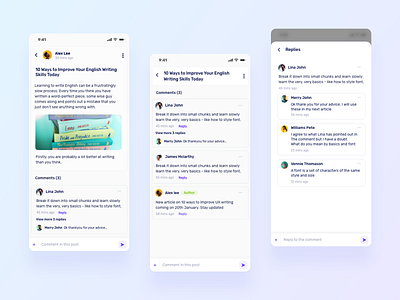 Blog and comments app blog branding comment design flat interaction design ios minimal profile reply social ui ux