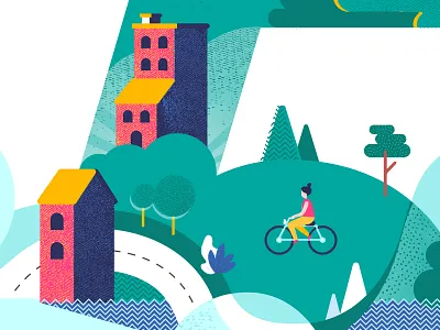 Close up detail of "Five Years" abstract art bicycling blue buildings clean colors composition curves dots flatdesign forms grainy graphicdesign green high contrast illustration nature road textures