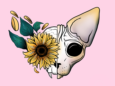 Sunflower Sphynx Skull - Color Versiom airbrush animal cat creepy dark digital drawing floral flower illustration leaves nature odd pastel skull sphynx sunflower weird