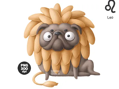 Funny pug - zodiac sign Leo cartoon character dog dogs doodle drawing illustration pug zodiac