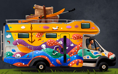 Camper Van right side beatles car cartoon hippie illustration kids