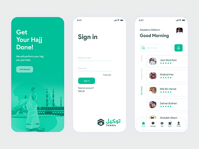 Tawkil-Hajj app ui ux design 2d 3d adobe xd animation app art branding clean ui concept design illustration islam islamic logo minimal typography ui ux الحج والعمرة