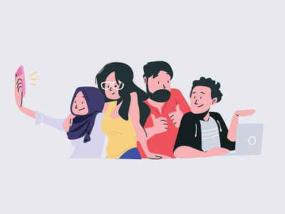 Diversity at workspace 2d character design diversity flat human illustration office people people illustration selfie team teamwork vector work workspace