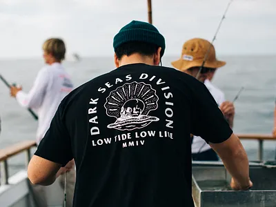 Dark Seas Division - Scallop Tee black and white branding custom dark seas dark theme darkseas design handlettering handtype illustration lettering logo nautical ocean skull socal type type art typography