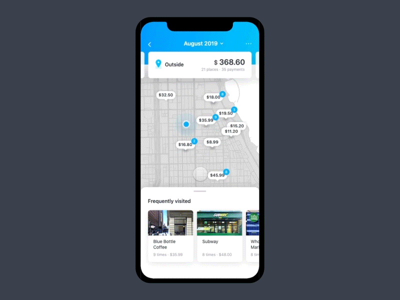 Pay tracker focused on places app consuming tracker fintech gui interaction map mobile pay history pay tracker places prototype uxui