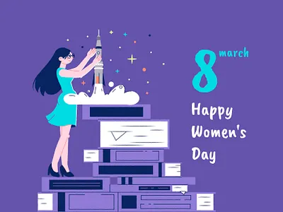 8march - international women's day book flat design girl illustration purple rocket space vector