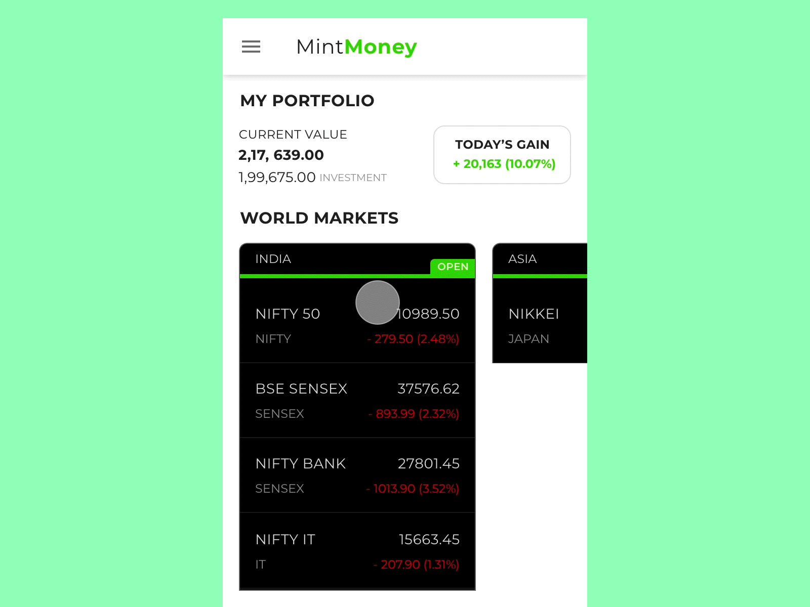 MintMoney App: Micro-Interaction for World Markets adobexd annimation app datavisualization experience design micro interaction minimalist personal finance stocks ui ux visual design