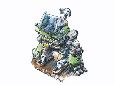 walker android book illustration cartoon character concept gameart hand drawn illustration ink and watercolor robot sketch traditional art walker watercolor