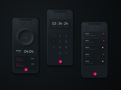 Smart Alarm Clock alarm app appdesign black clock dark dark theme dark ui design interface ios iphone mobile neomorphism neumorphism product sktech smart app ui uidesign