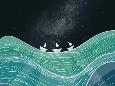 A Few Little Boats blue boat galaxy illustration line art milky way ocean reena sea ship stars waves