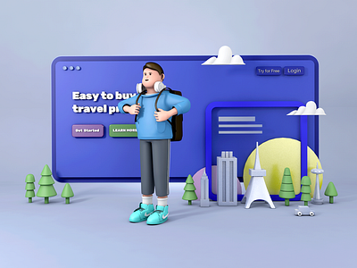 C4D illustration-Boy travel c4d design 插画