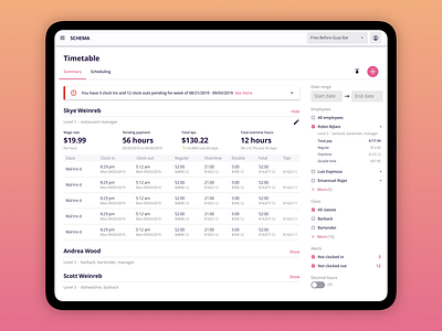 Hours & Wages Tracking ui ux web wireframes