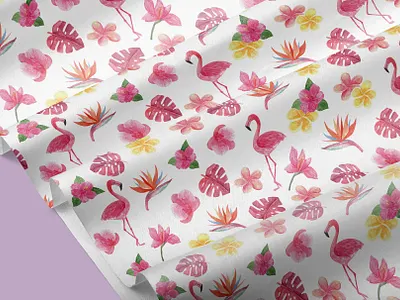 Watercolor flamingo and flowers seamless pattern birds bright couple flamingo flowers hand drawn illustration love pattern purple textile trend trendy design tropical watercolor wedding