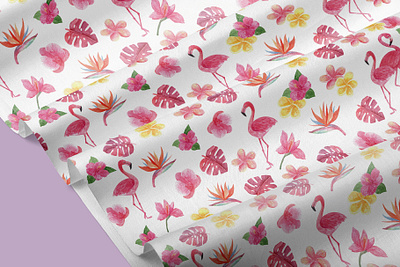 Watercolor flamingo and flowers seamless pattern birds bright couple flamingo flowers hand drawn illustration love pattern purple textile trend trendy design tropical watercolor wedding